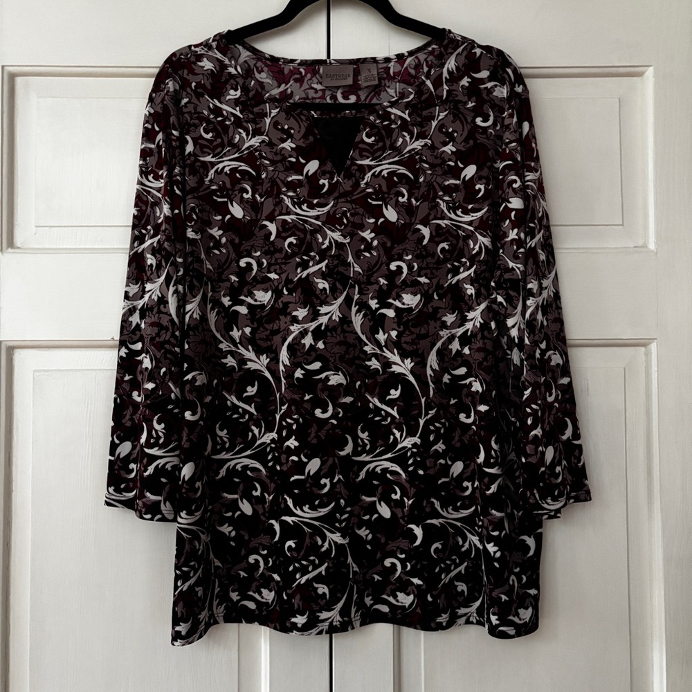 Chico's Size 3 Ombré Black Maroon White‎ Boxy 3/4 Sleeve Blouse Flowy Chicos XL